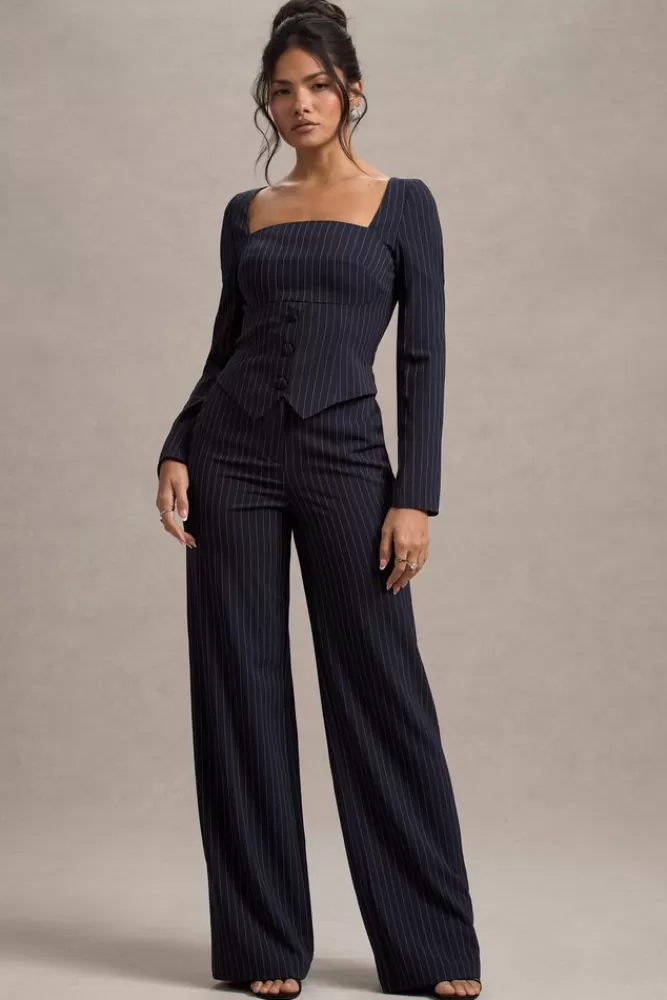 Club L London New York | Pinstripe Tailored Wide-Leg Trousers NAVY Store