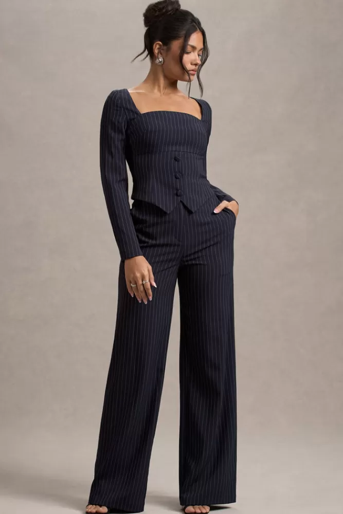 Club L London New York | Pinstripe Tailored Wide-Leg Trousers NAVY Store