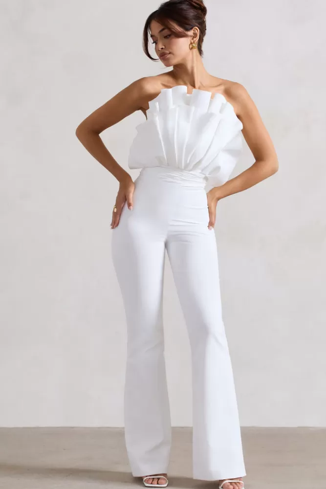 Club L London Nicia | Ruffled Strapless Flared-Leg Jumpsuit WHITE Flash Sale