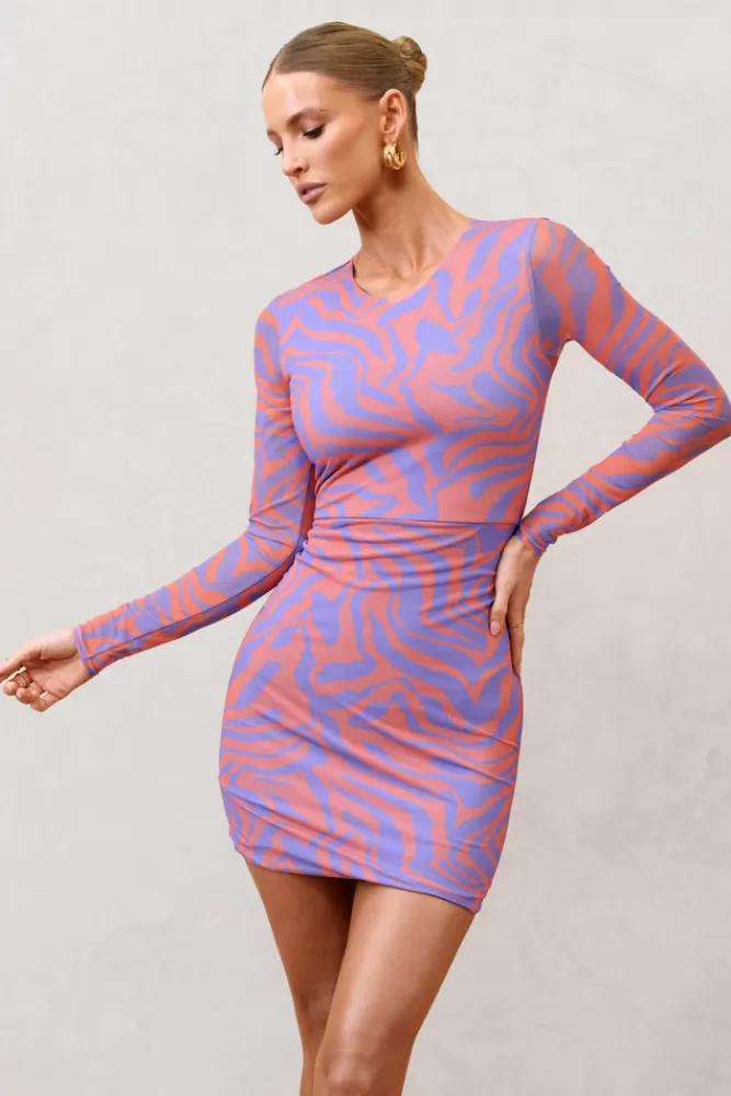 Club L London Night Sky | Zebra Print Mesh Long Sleeves Mini Dress ORANGE Hot