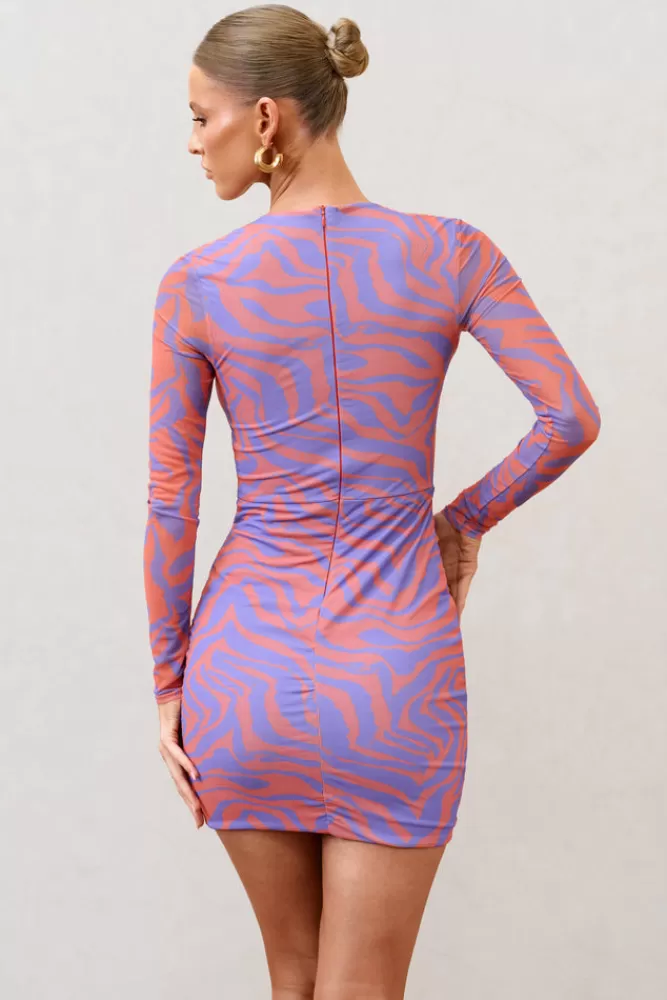 Club L London Night Sky | Zebra Print Mesh Long Sleeves Mini Dress ORANGE Hot