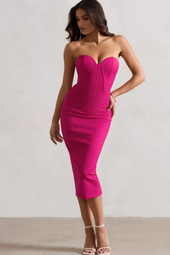 Club L London Nina | Dark Pink Structured Strapless Corset Midi Dress MAGENTA Discount