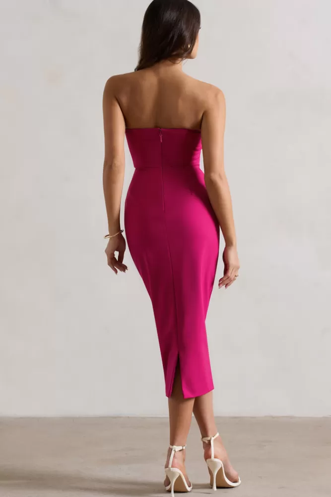 Club L London Nina | Dark Pink Structured Strapless Corset Midi Dress MAGENTA Discount