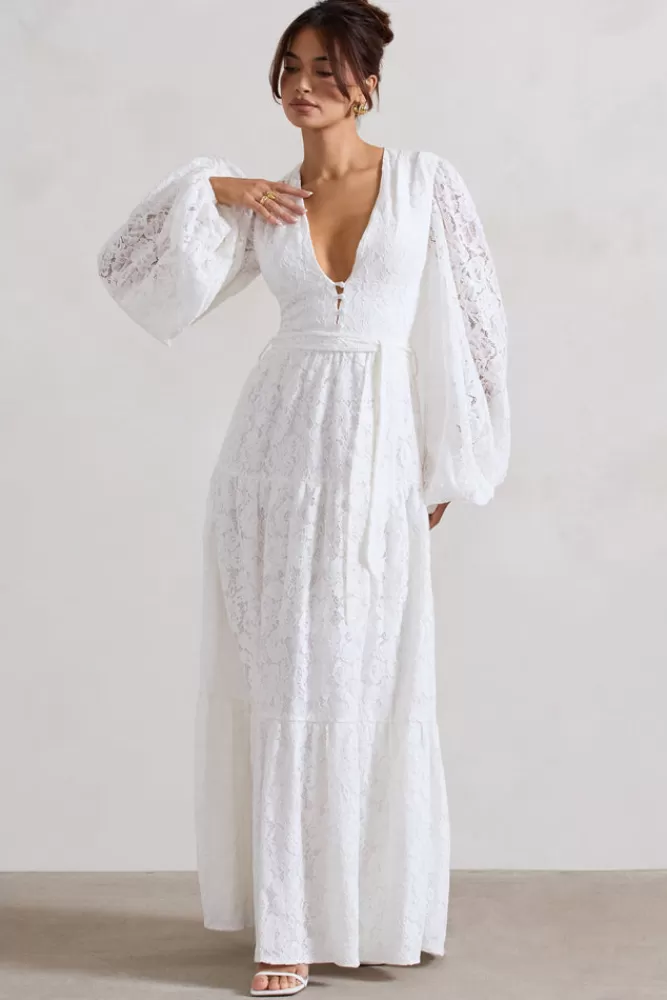 Club L London Nixie | Lace Puff-Sleeve Layered Maxi Dress With Belt WHITE Cheap