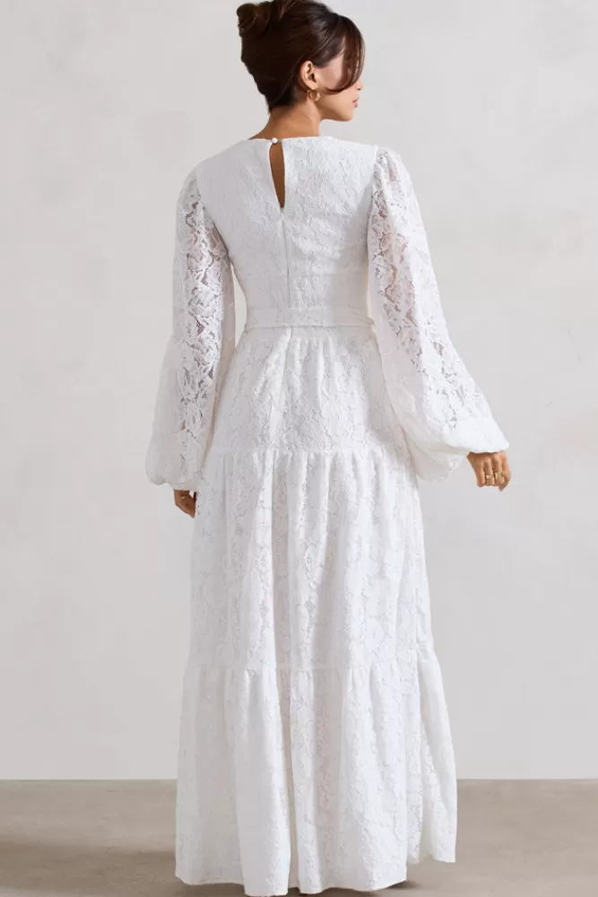 Club L London Nixie | Lace Puff-Sleeve Layered Maxi Dress With Belt WHITE Cheap