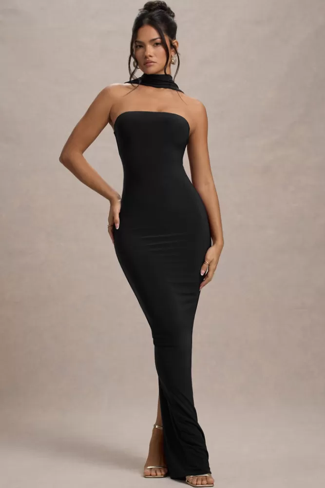 Club L London Nobu | Bandeau Maxi Dress With Halter-Collar BLACK Clearance