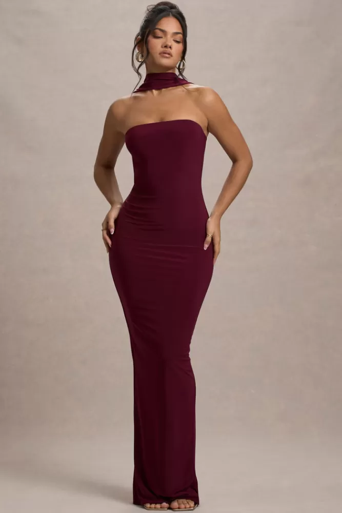 Club L London Nobu | Bandeau Maxi Dress With Halter-Collar BURGUNDY Sale