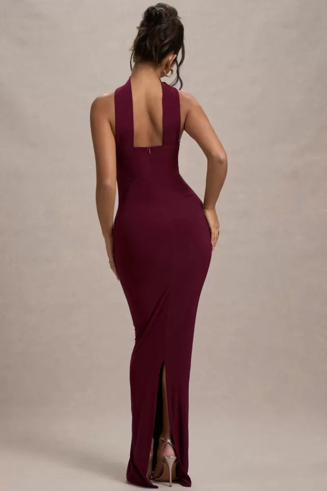 Club L London Nobu | Bandeau Maxi Dress With Halter-Collar BURGUNDY Sale