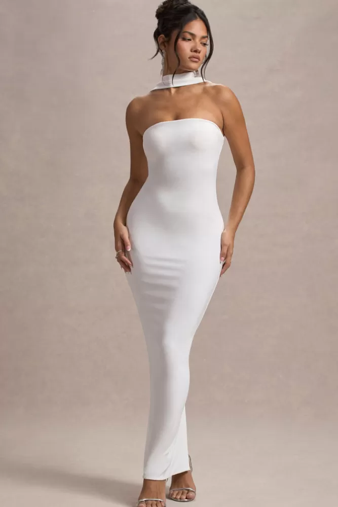 Club L London Nobu | Bandeau Maxi Dress With Halter-Collar WHITE Sale