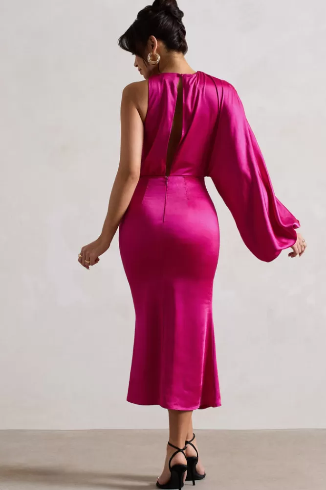 Club L London Nola | Dark Pink Satin One-Sleeve Midi Dress BOUDOIRRED Cheap