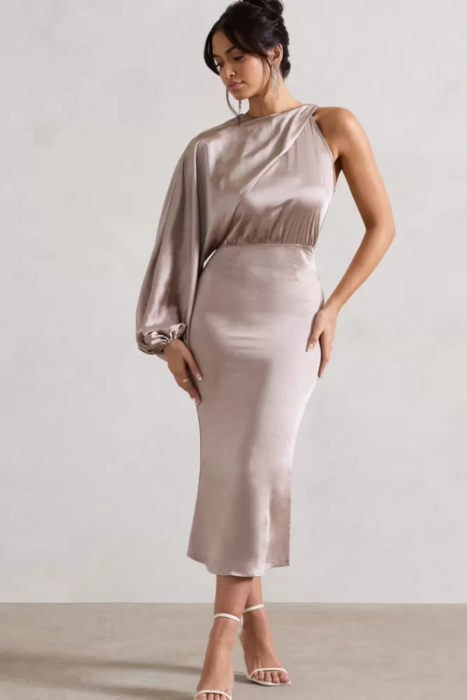 Club L London Nola | Satin One-Sleeve Midi Dress TAUPE Sale