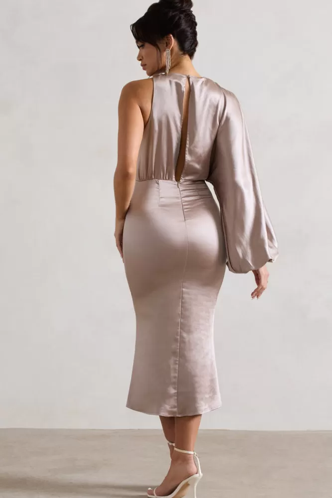 Club L London Nola | Satin One-Sleeve Midi Dress TAUPE Sale