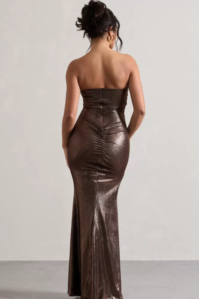 Club L London Nomad | Bronze Metallic Strapless Cut-Out Split Maxi Dress METALLICBRONZE Flash Sale