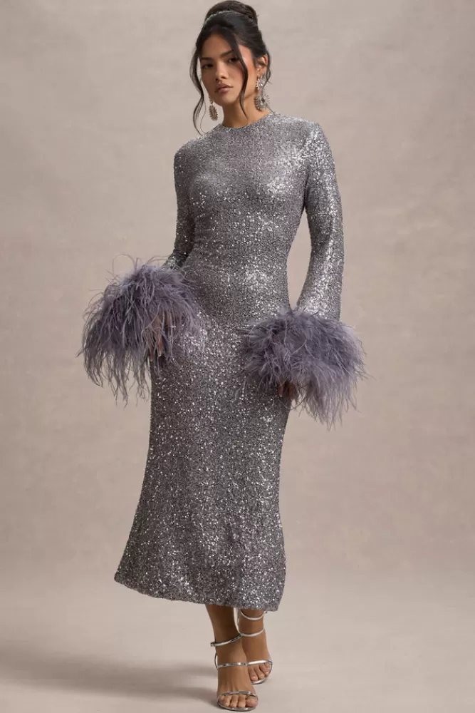 Club L London North Star | Sequin Long-Sleeve Midi Dress With Feather Cuffs SILVER Cheap