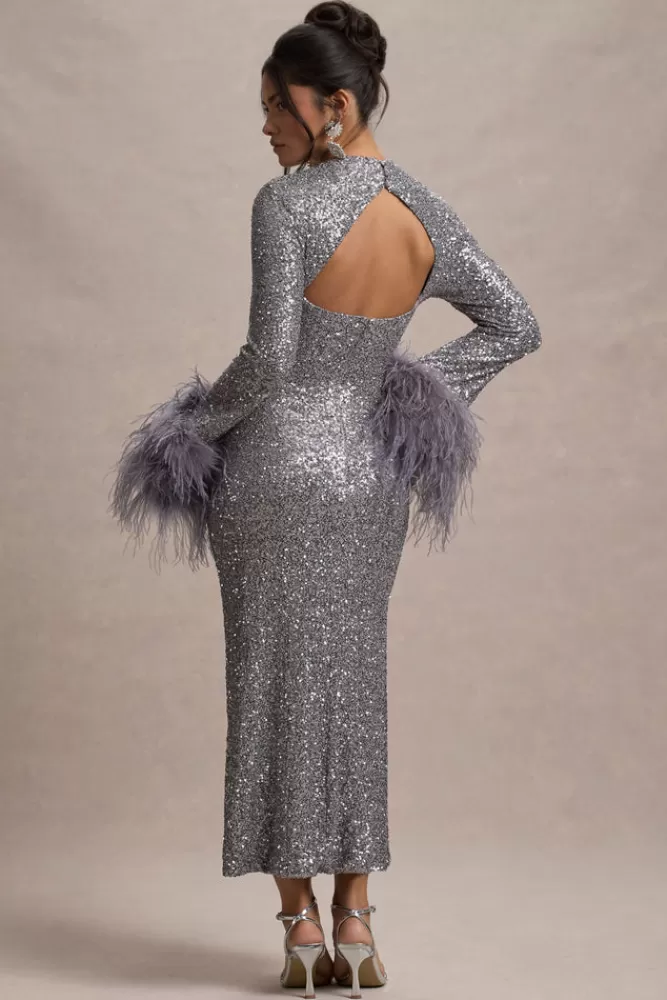 Club L London North Star | Sequin Long-Sleeve Midi Dress With Feather Cuffs SILVER Cheap