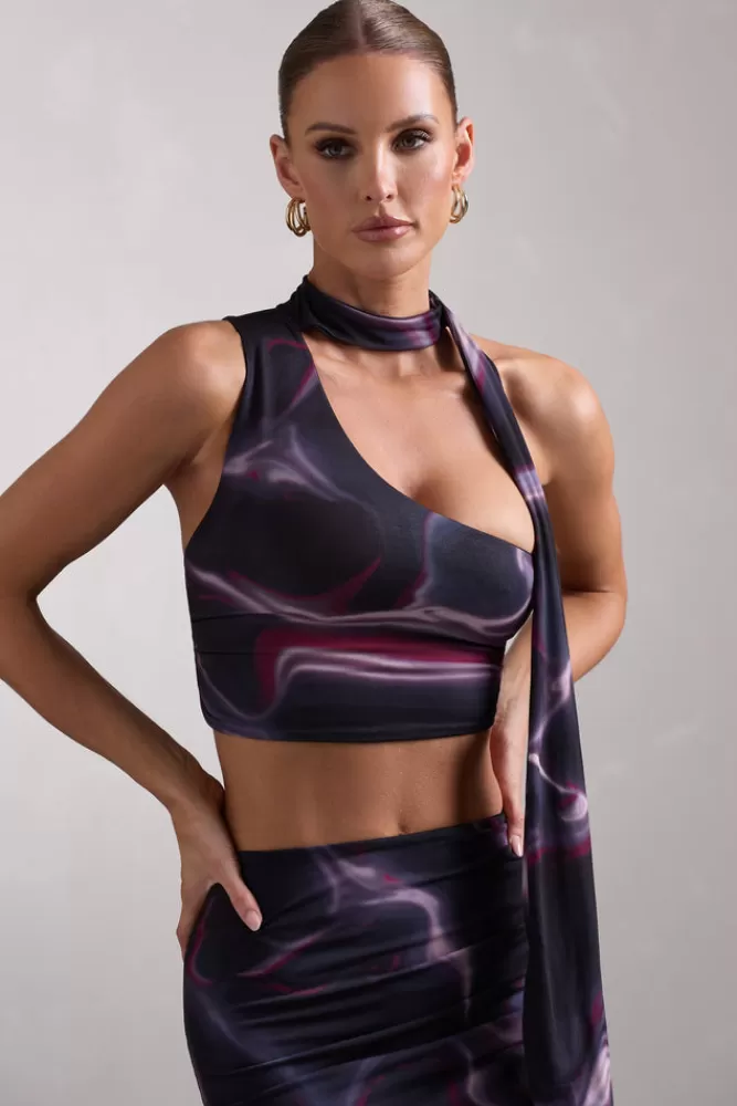 Club L London North Wind | Black ed One-Shoulder Crop Top With Scarf PRINT Cheap