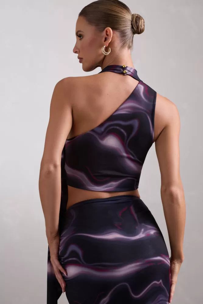 Club L London North Wind | Black ed One-Shoulder Crop Top With Scarf PRINT Cheap