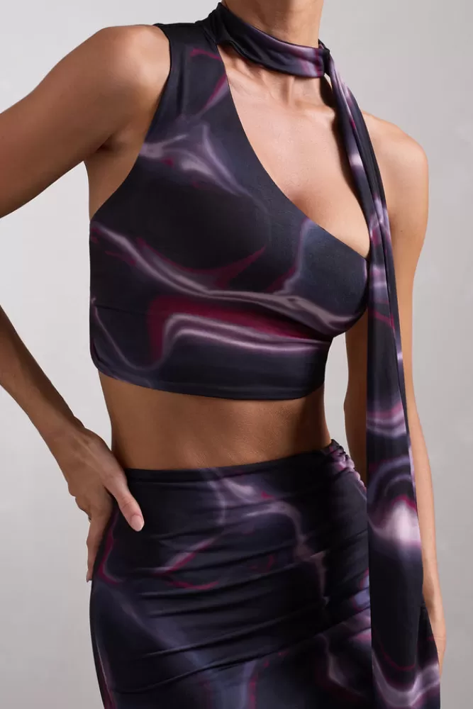 Club L London North Wind | Black ed One-Shoulder Crop Top With Scarf PRINT Cheap