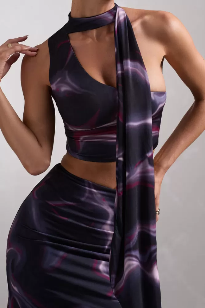 Club L London North Wind | Black ed One-Shoulder Crop Top With Scarf PRINT Cheap