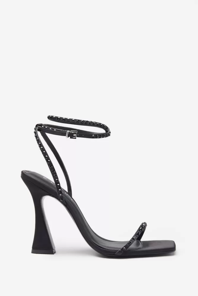 Club L London Nostalgia | Black Satin Heeled Sandals With Diamante Straps BLACKSATIN Cheap