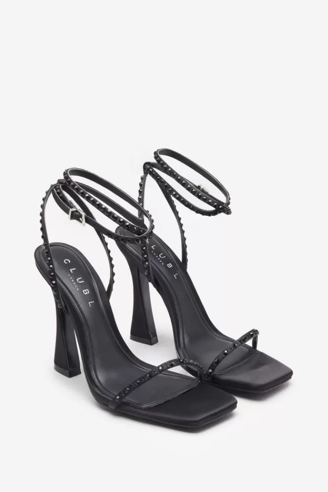 Club L London Nostalgia | Black Satin Heeled Sandals With Diamante Straps BLACKSATIN Cheap