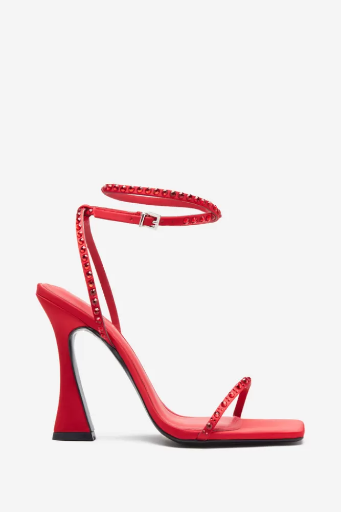 Club L London Nostalgia | Bright Red Satin Heeled Sandals With Diamante Straps CLARETSATIN Shop