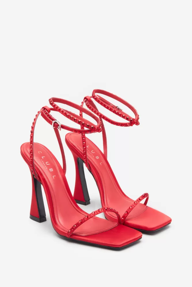 Club L London Nostalgia | Bright Red Satin Heeled Sandals With Diamante Straps CLARETSATIN Shop