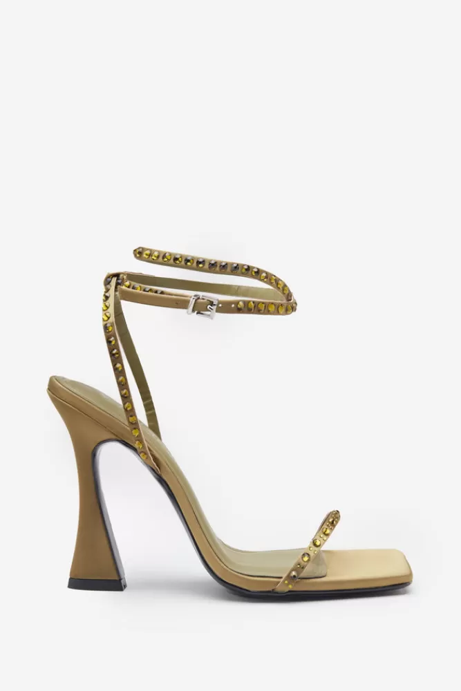 Club L London Nostalgia | Olive Green Satin Heeled Sandals With Diamante Straps OLIVESATIN Store