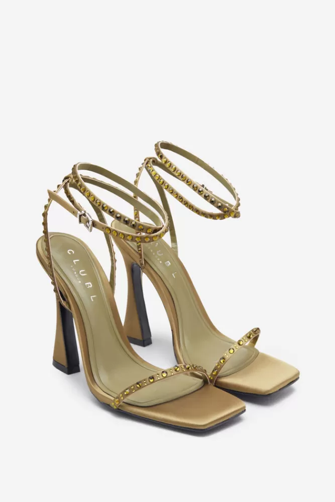 Club L London Nostalgia | Olive Green Satin Heeled Sandals With Diamante Straps OLIVESATIN Store