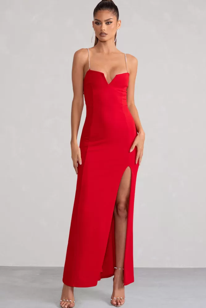 Club L London Notes To Self | Square Neck Thigh Split Maxi Dress Red Best
