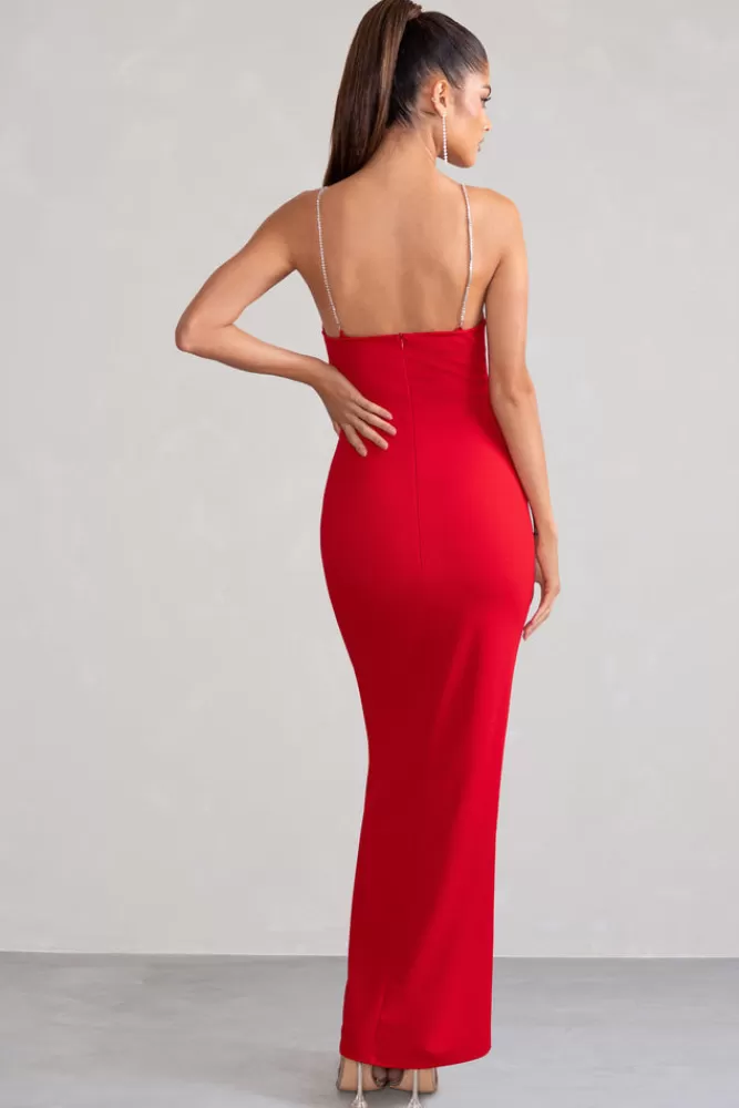 Club L London Notes To Self | Square Neck Thigh Split Maxi Dress Red Best