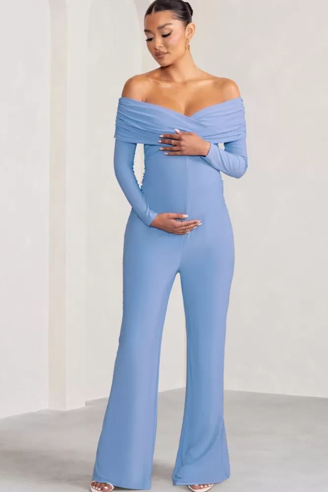 Club L London Nuala | Powder Blue Bardot Maternity Jumpsuit with Long Sleeves POWDERBLUE Best