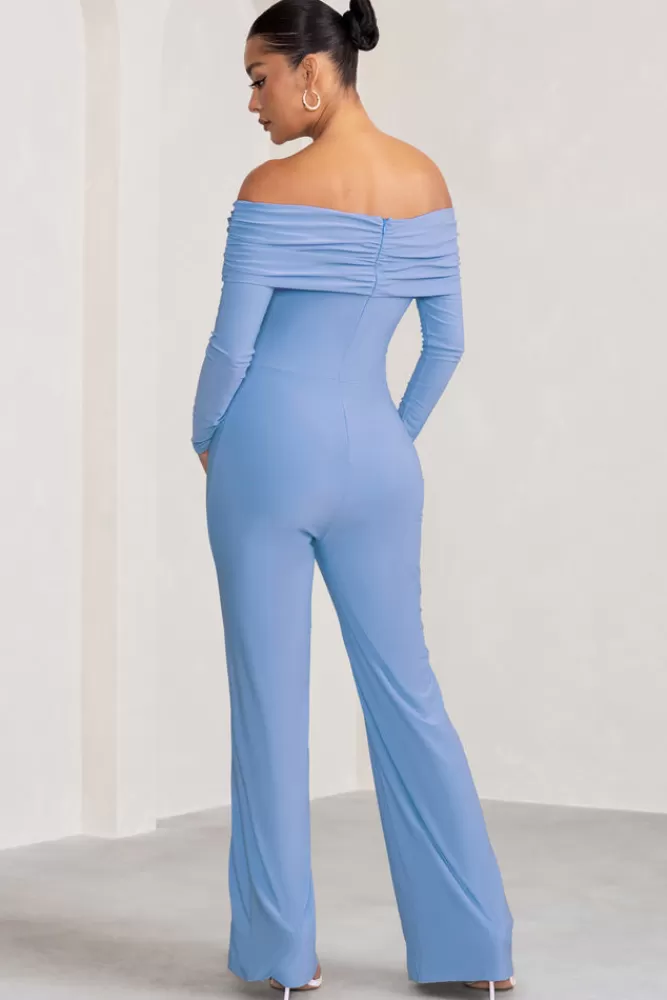 Club L London Nuala | Powder Blue Bardot Maternity Jumpsuit with Long Sleeves POWDERBLUE Best