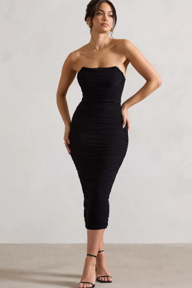 Club L London Nylah | Ruched Corset Bodycon Midi Dress BLACK Sale
