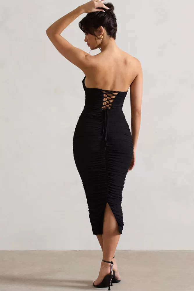 Club L London Nylah | Ruched Corset Bodycon Midi Dress BLACK Sale