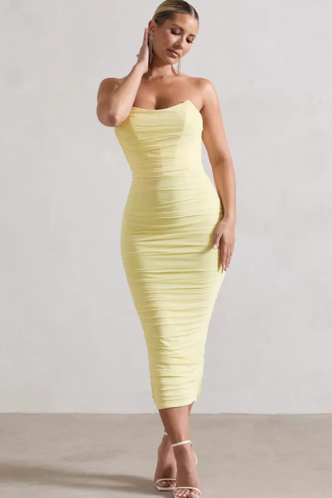Club L London Nylah | Ruched Corset Bodycon Midi Dress LEMON Fashion