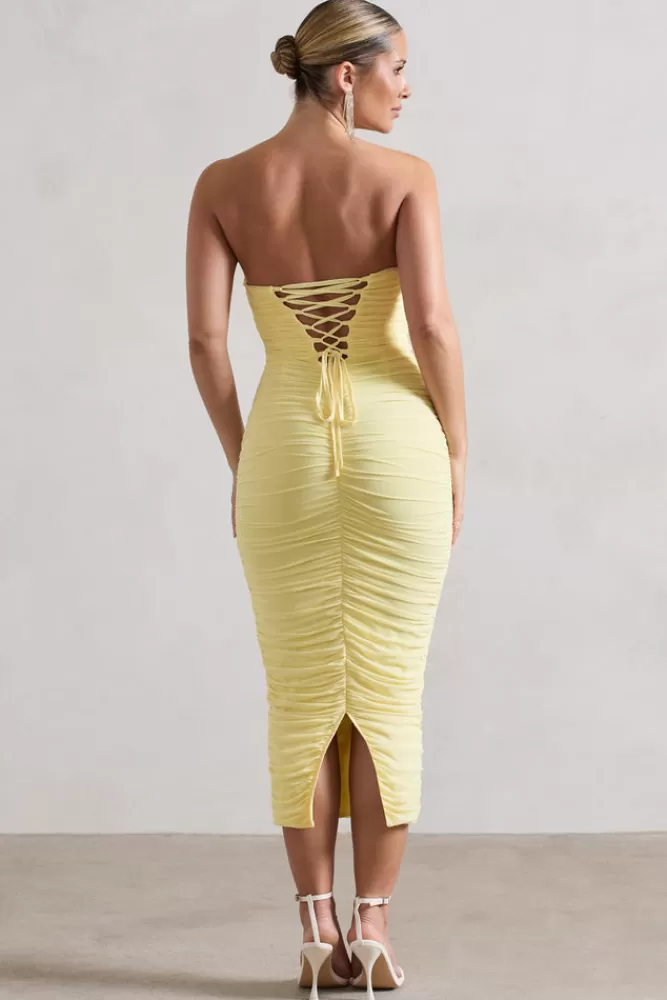 Club L London Nylah | Ruched Corset Bodycon Midi Dress LEMON Fashion