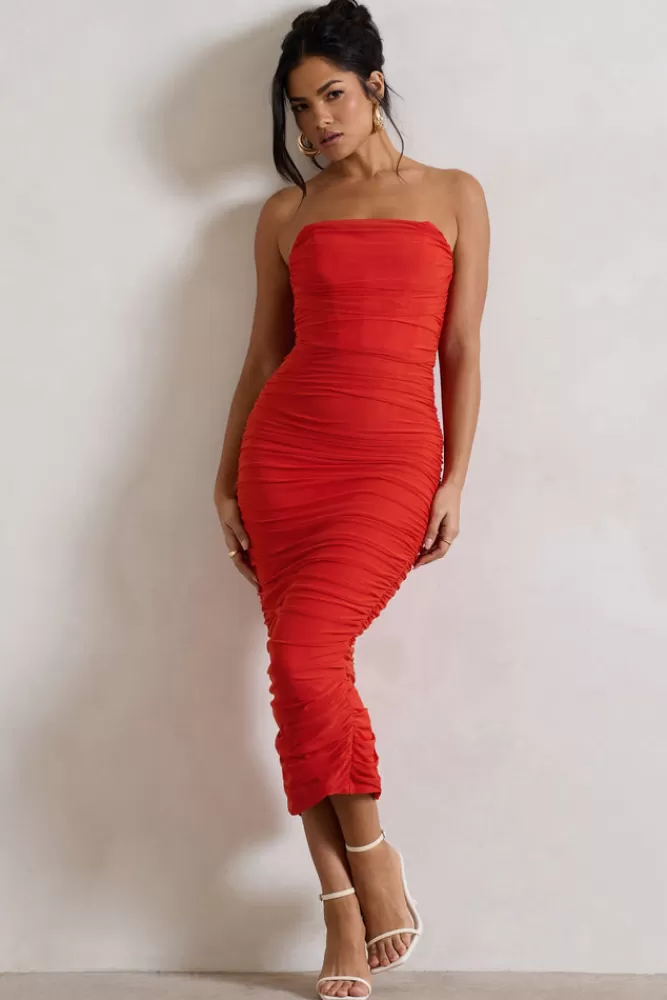 Club L London Nylah | Orange Ruched Corset Bodycon Midi Dress MANDARINORANGE Flash Sale