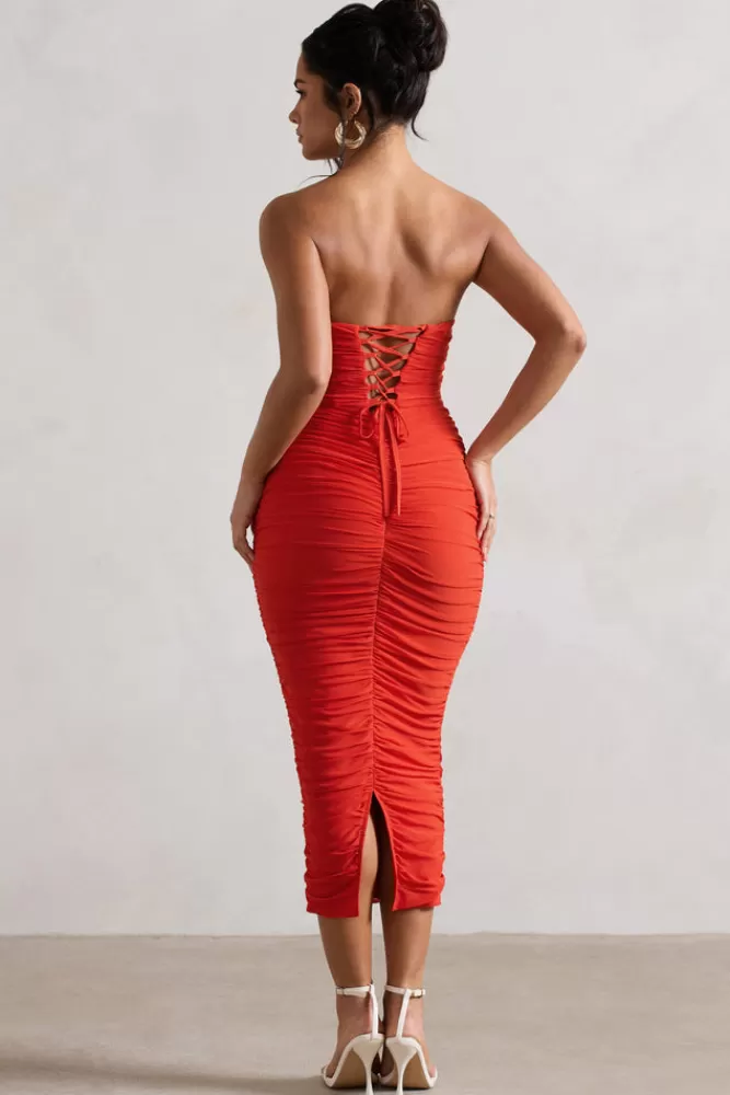 Club L London Nylah | Orange Ruched Corset Bodycon Midi Dress MANDARINORANGE Flash Sale