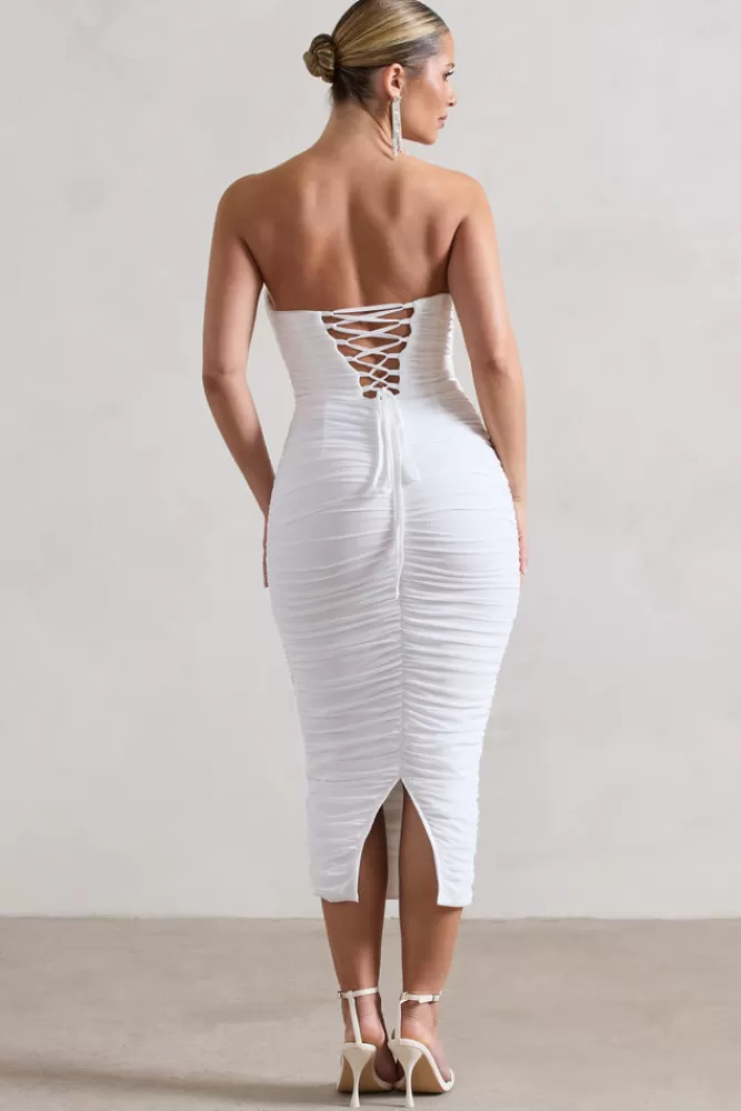Club L London Nylah | Ruched Corset Bodycon Midi Dress WHITE Sale