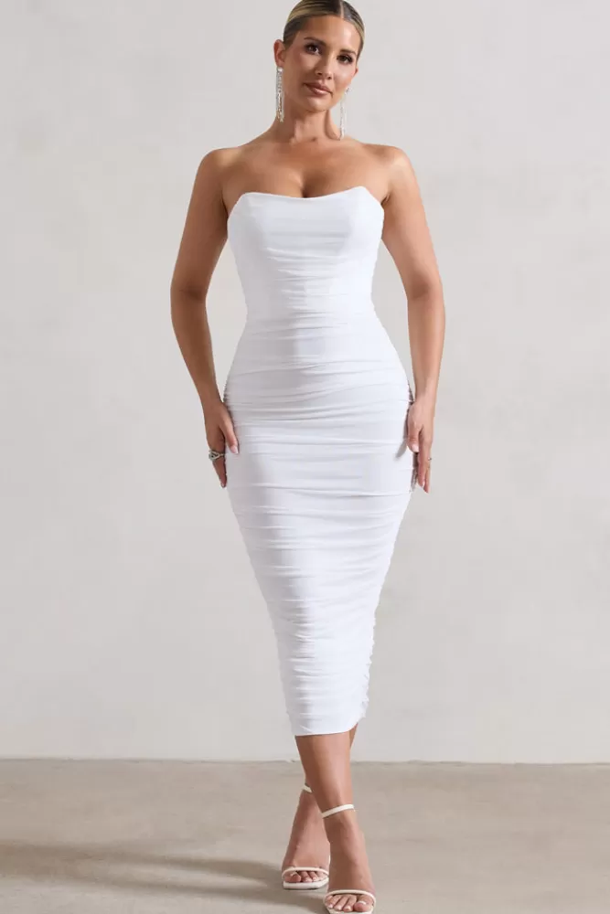 Club L London Nylah | Ruched Corset Bodycon Midi Dress WHITE Sale