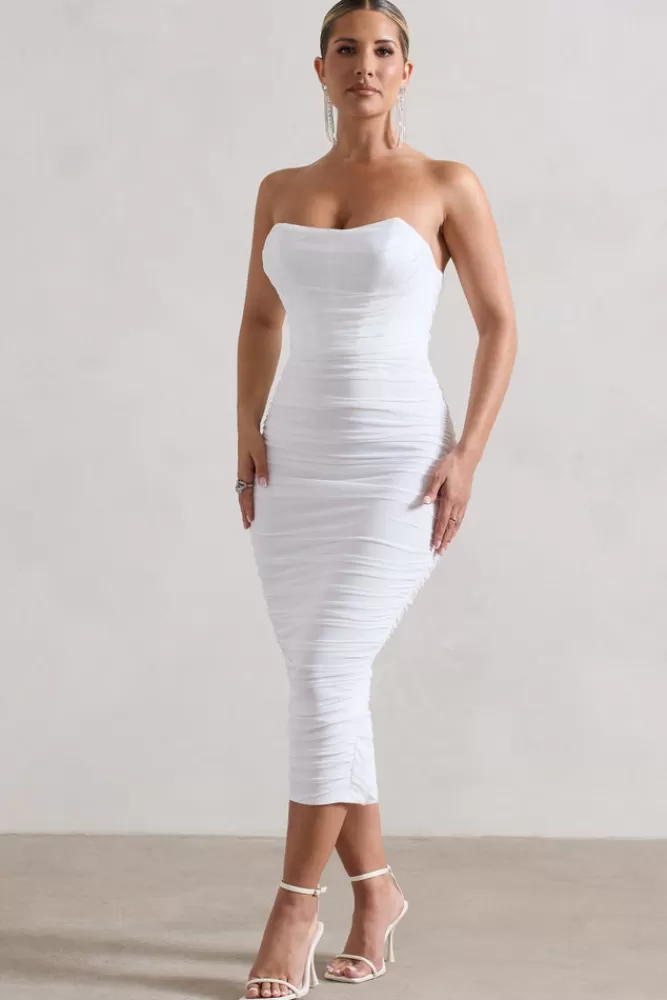 Club L London Nylah | Ruched Corset Bodycon Midi Dress WHITE Sale