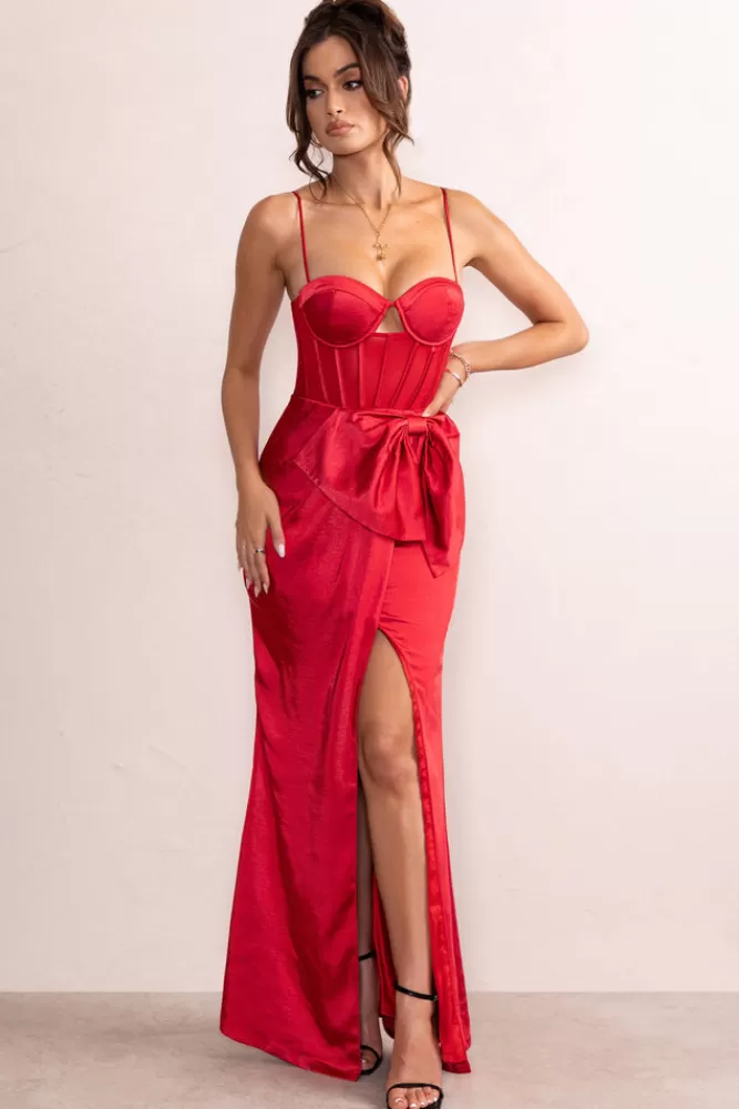 Club L London Odette | Satin Sweetheart Corset Bow Detail Maxi Dress RED Cheap