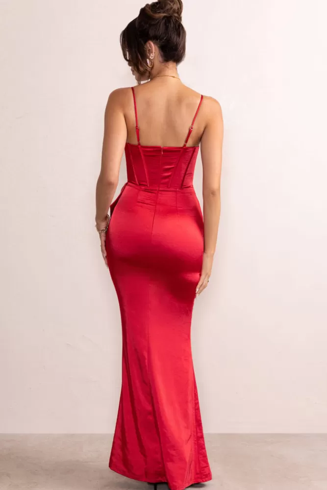 Club L London Odette | Satin Sweetheart Corset Bow Detail Maxi Dress RED Cheap