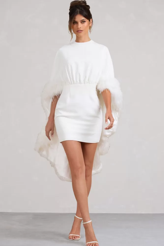 Club L London Of The Manor | Gathered Mini Dress With Feather Cape WHITE Outlet