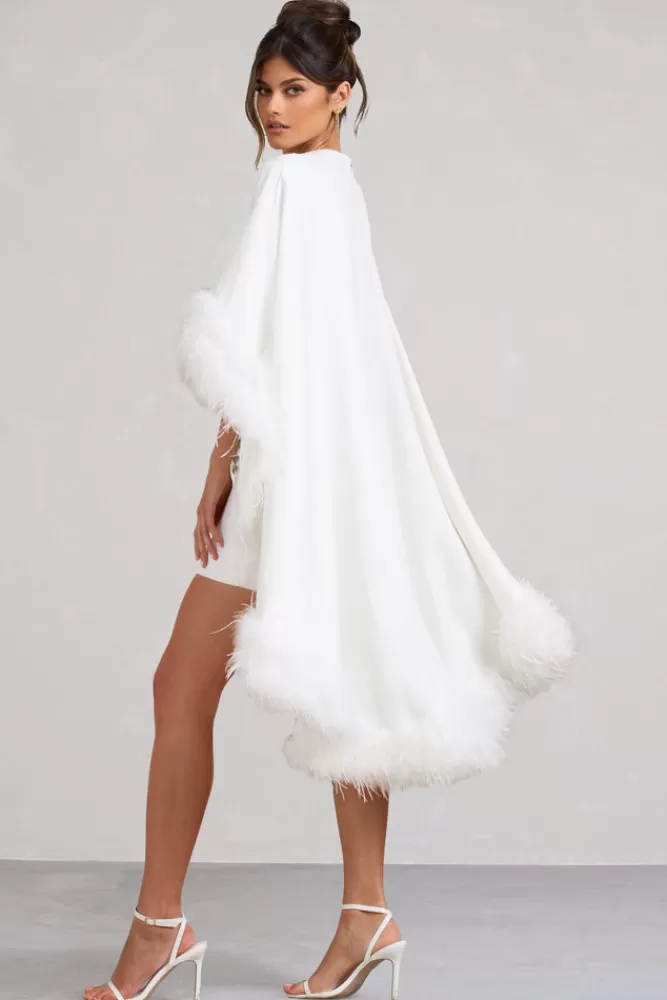 Club L London Of The Manor | Gathered Mini Dress With Feather Cape WHITE Outlet