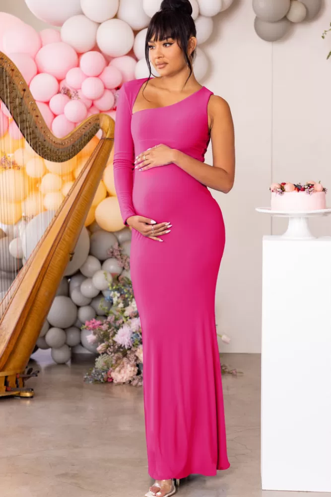 Club L London Oh Baby | Hot Pink Maternity One Shoulder Bodycon Maxi Dress HOTPINK New