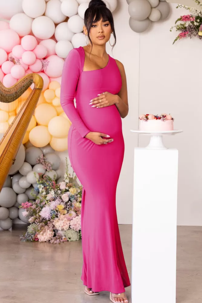 Club L London Oh Baby | Hot Pink Maternity One Shoulder Bodycon Maxi Dress HOTPINK New