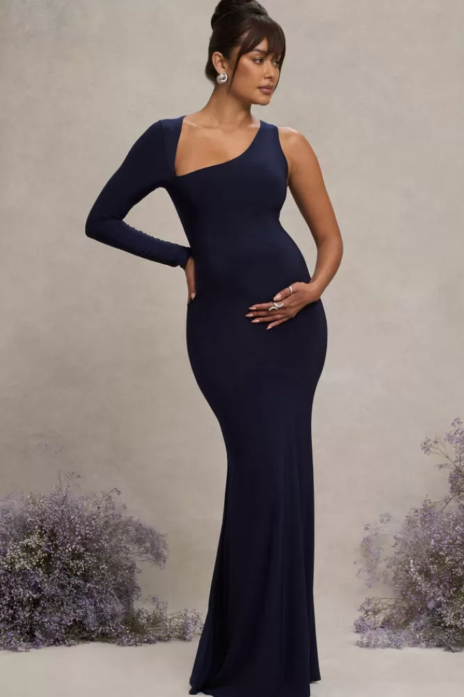 Club L London Oh Baby | Maternity One Shoulder Bodycon Maxi Dress NAVY Clearance