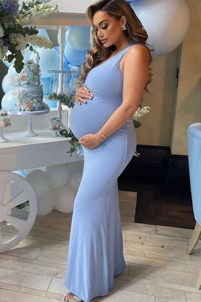 Club L London Oh Baby | Powder Blue Maternity One Shoulder Bodycon Maxi Dress POWDERBLUE Best Sale